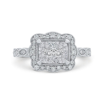 Euro Shank Round Diamond Emerald Shape Halo Engagement Ring in 14K White Gold